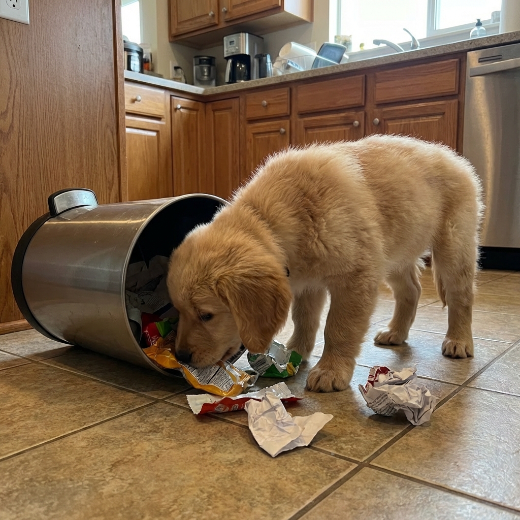 A young puppy sniffing near a tipped-over trash can in a kitchen