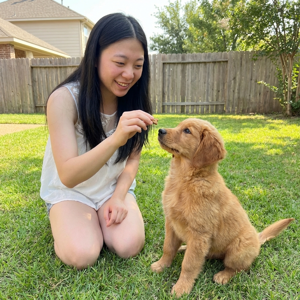 A young woman kneeling in a backyard holding a treat while a girl puppy looks up