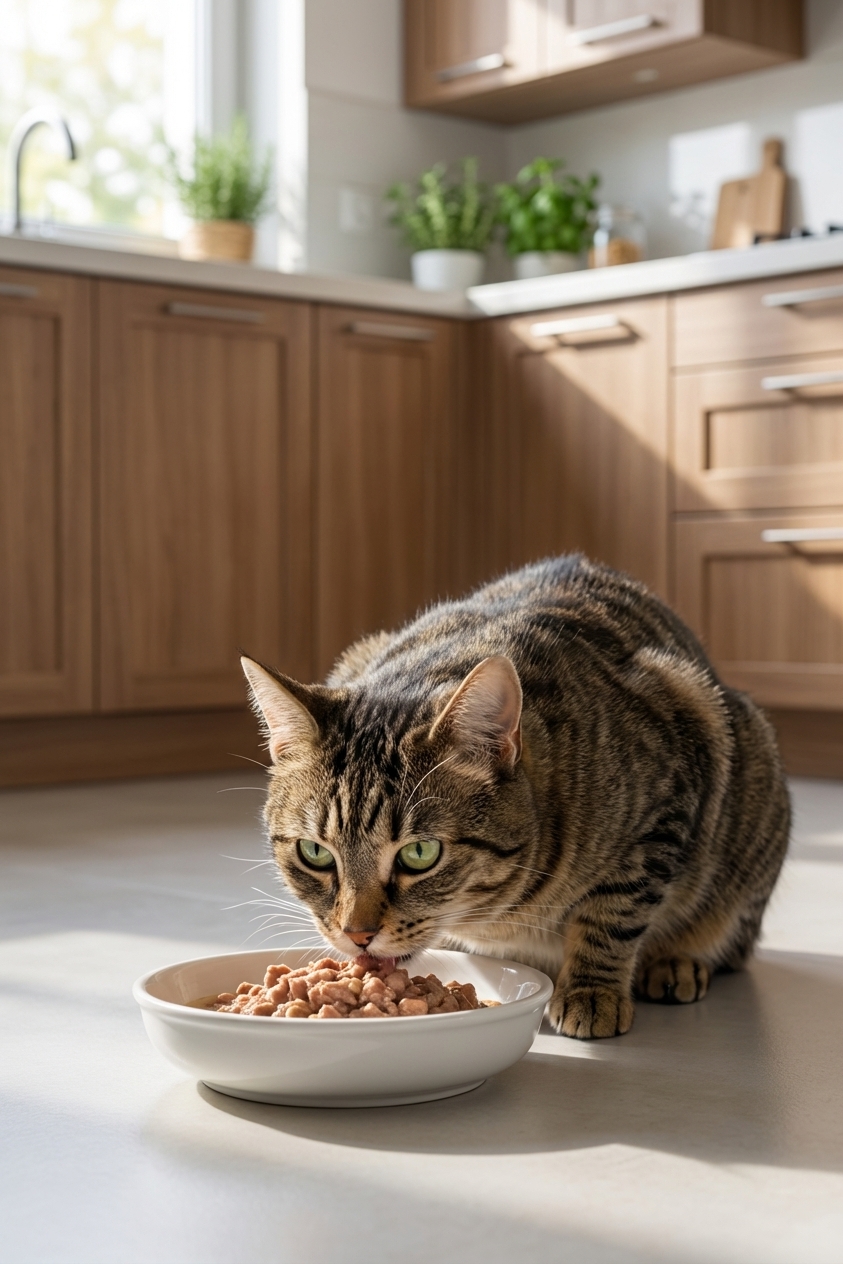 Adult cat eating wet canned food from a shallow bowl in a quiet kitchen