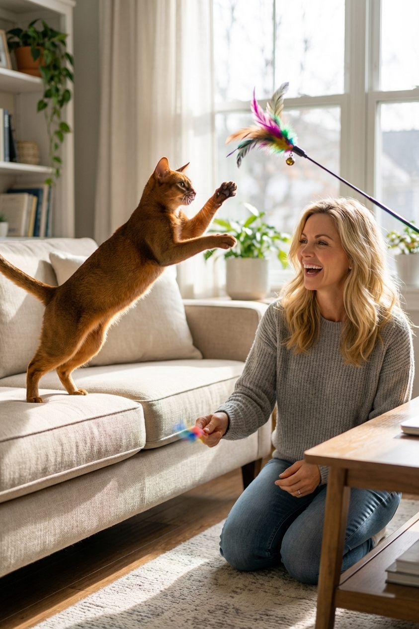 An Abyssinian cat mid-jump reaching for a feather wand toy in a living room