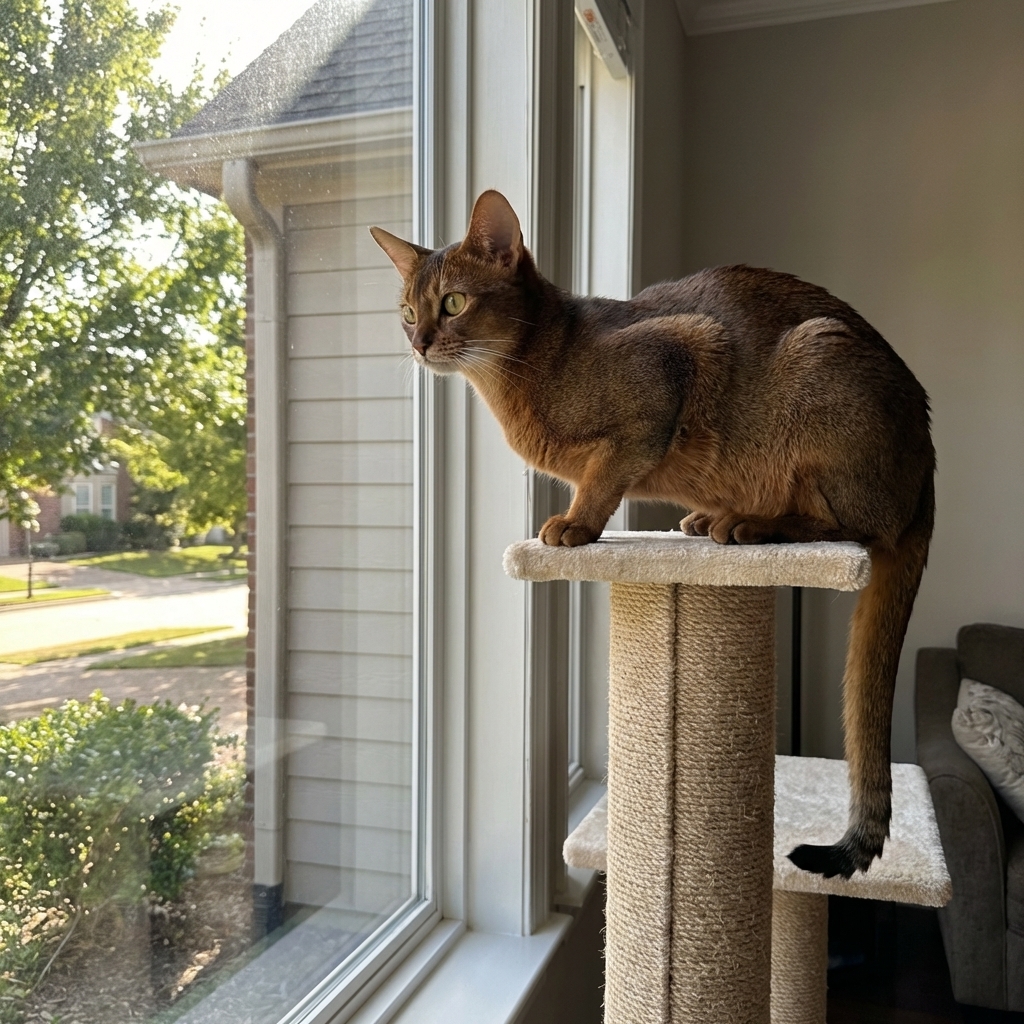 An Abyssinian cat perched on a tall cat tree looking out a window
