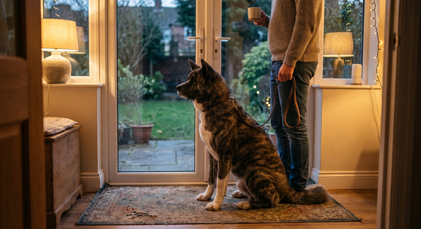 An Akita sitting calmly at a front doorway looking outward, owner standing nearby holding a leash, warm indoor lighting, candid lifestyle photography