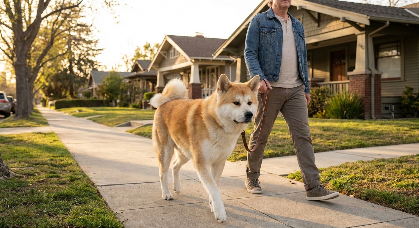 An Akita walking on a leash beside an adult owner on a suburban sidewalk, dog focused forward, golden hour lighting, photorealistic lifestyle photography