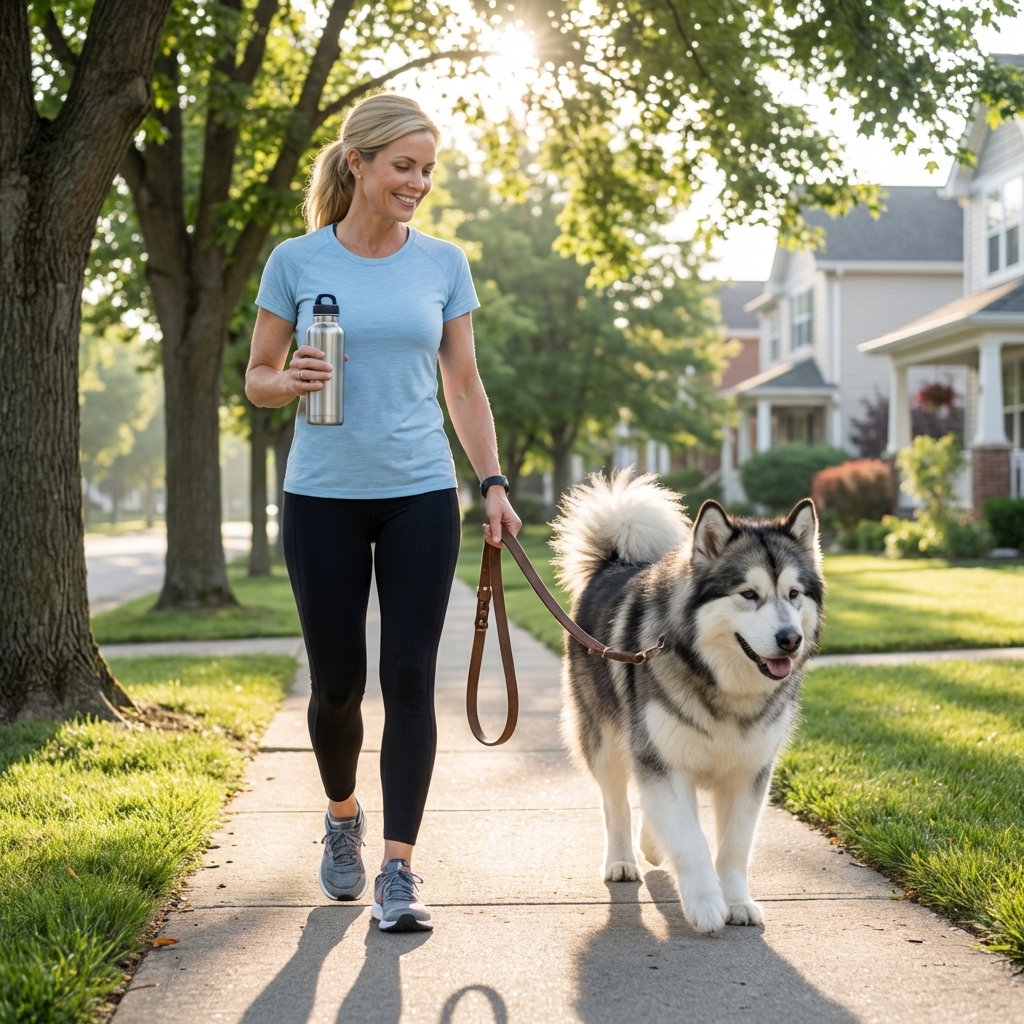 An Alaskan Malamute on a leash during an early morning walk on a shaded neighborhood sidewalk, handler holding a water bottle, realistic outdoor photo
