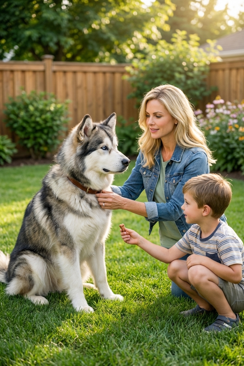 An Alaskan Malamute sitting calmly in a grassy backyard while an adult gently holds the dog’s collar and a child offers a treat at arm’s length, lifestyle photography