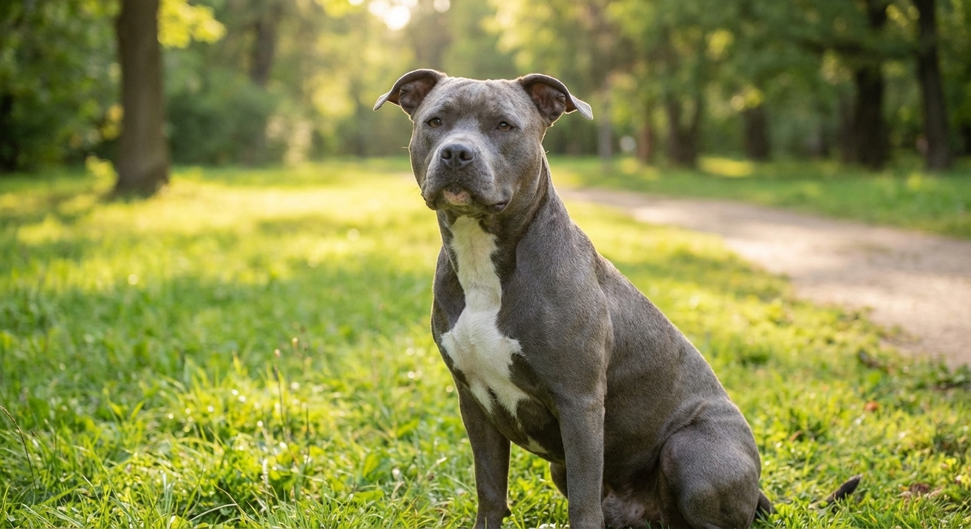 An American Staffordshire Terrier sitting calmly in a grassy park