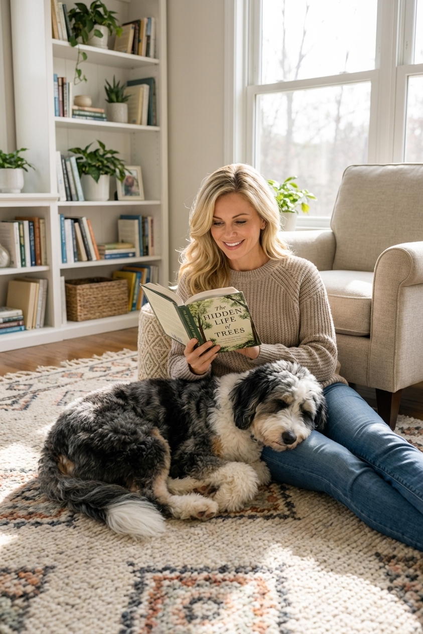 An Aussiedoodle relaxing on a living room rug next to a family member reading a book