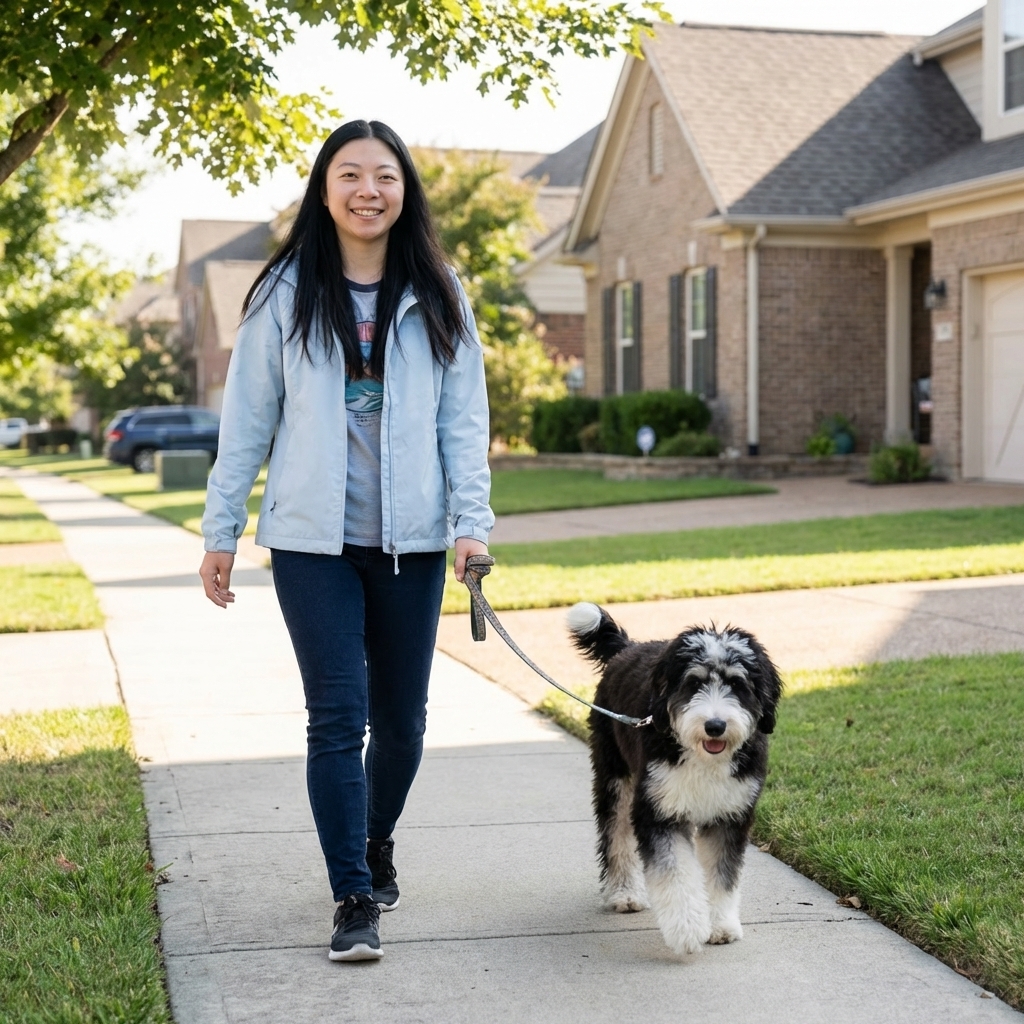 An Aussiedoodle trotting beside an owner on a neighborhood sidewalk in daylight