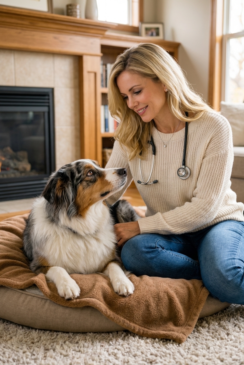 An Australian Shepherd lying calmly on a dog bed indoors while watching its owner