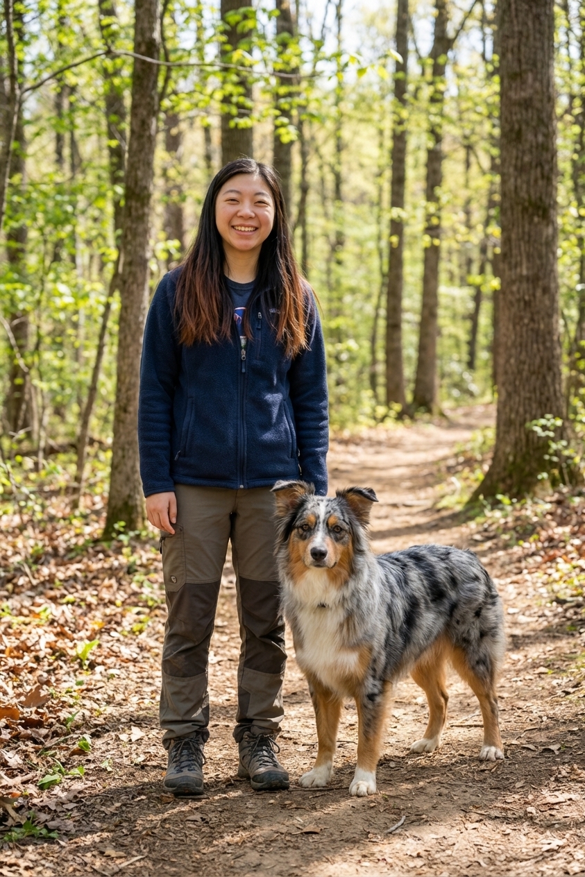 An Australian Shepherd standing attentively beside a handler on a walking trail