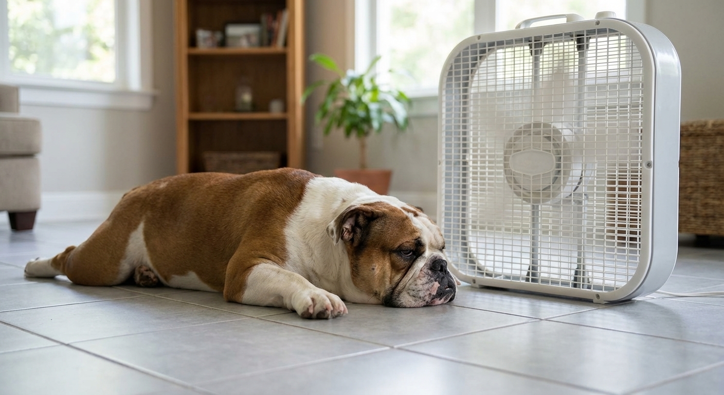 An English Bulldog lying comfortably on a cool tile floor indoors near a box fan, calm home setting, real photography style