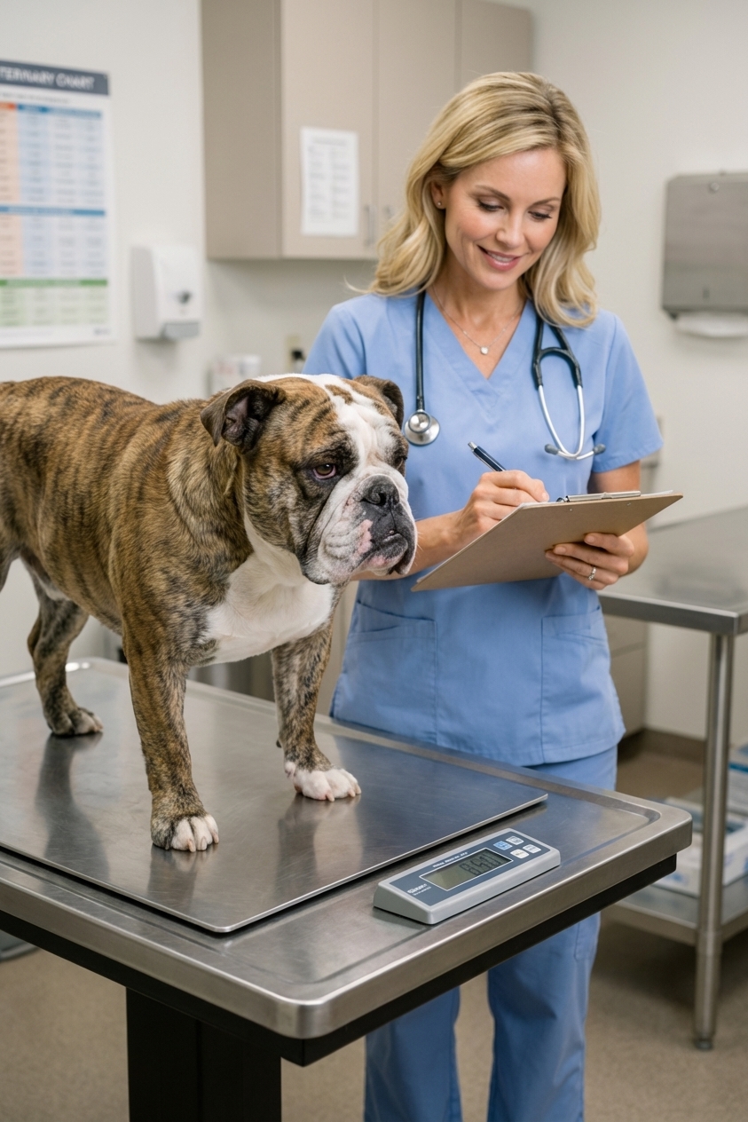 An English Bulldog standing on a veterinary clinic scale while a technician records the weight, real photography style