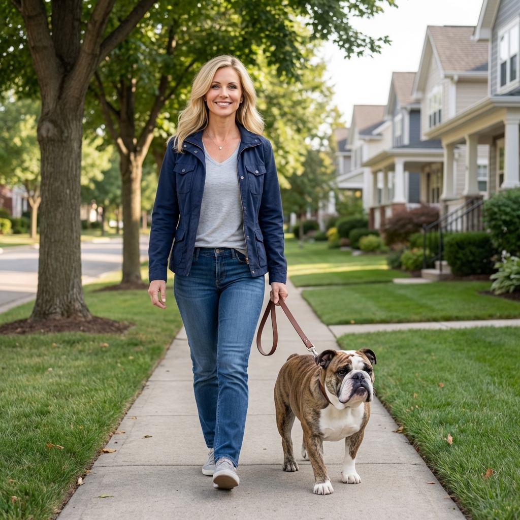 An English Bulldog walking calmly on a leash on a quiet neighborhood sidewalk in daylight, real photography style