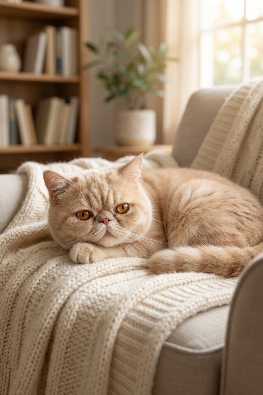 An Exotic Shorthair cat resting on a soft blanket in a calm living room, close-up realistic photography style