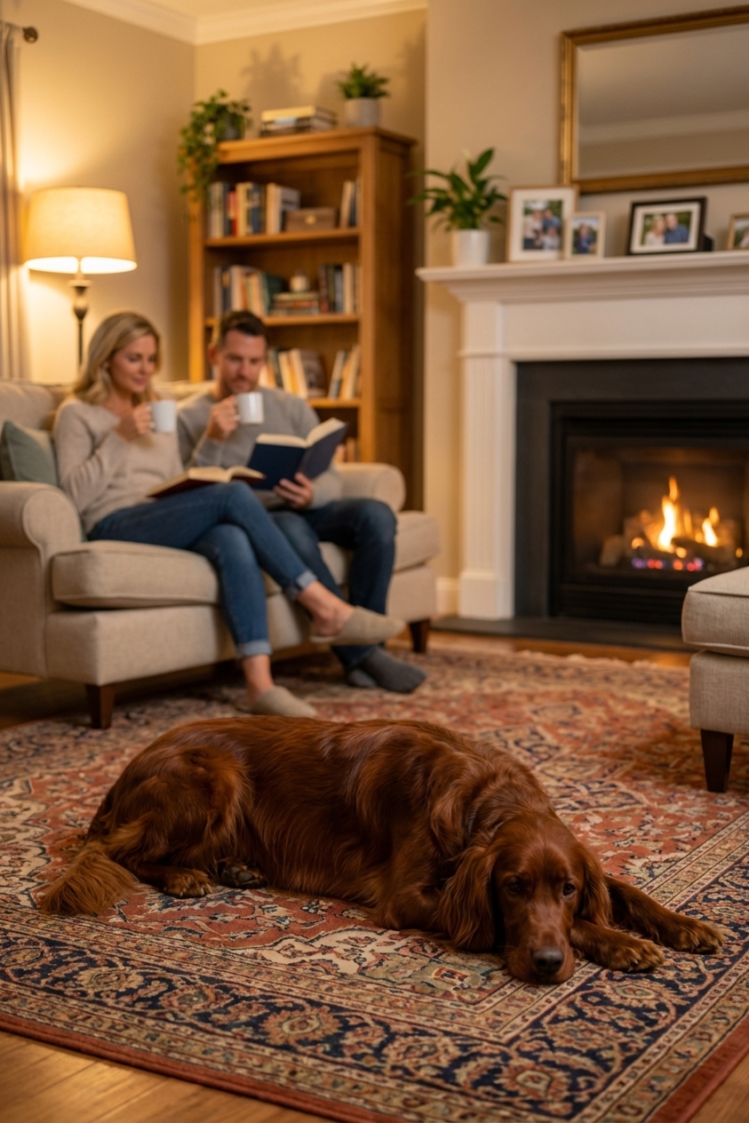 An Irish Setter lying calmly on a rug in a family living room while people sit nearby, warm indoor lighting, realistic photography