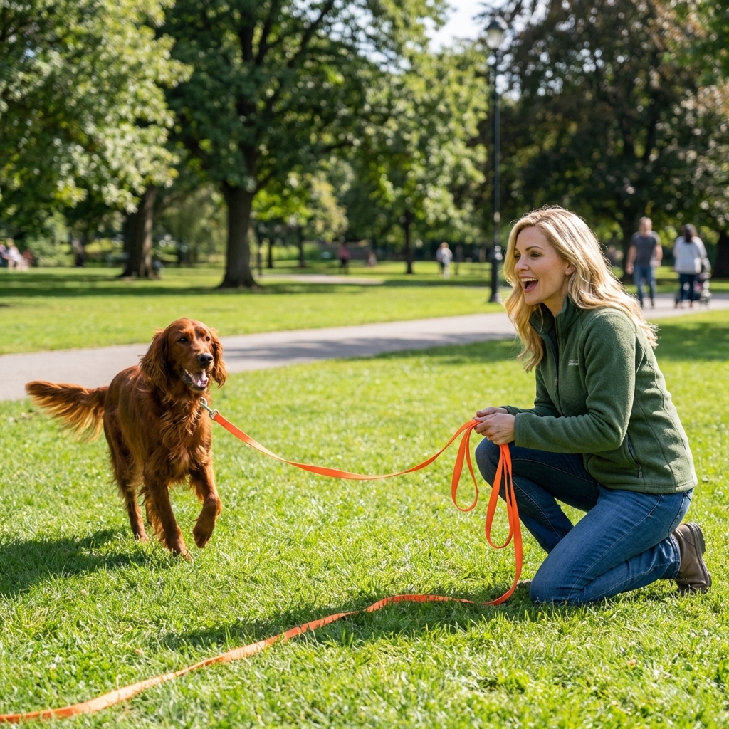 An Irish Setter on a long training line practicing recall with an owner in a public park, realistic photography