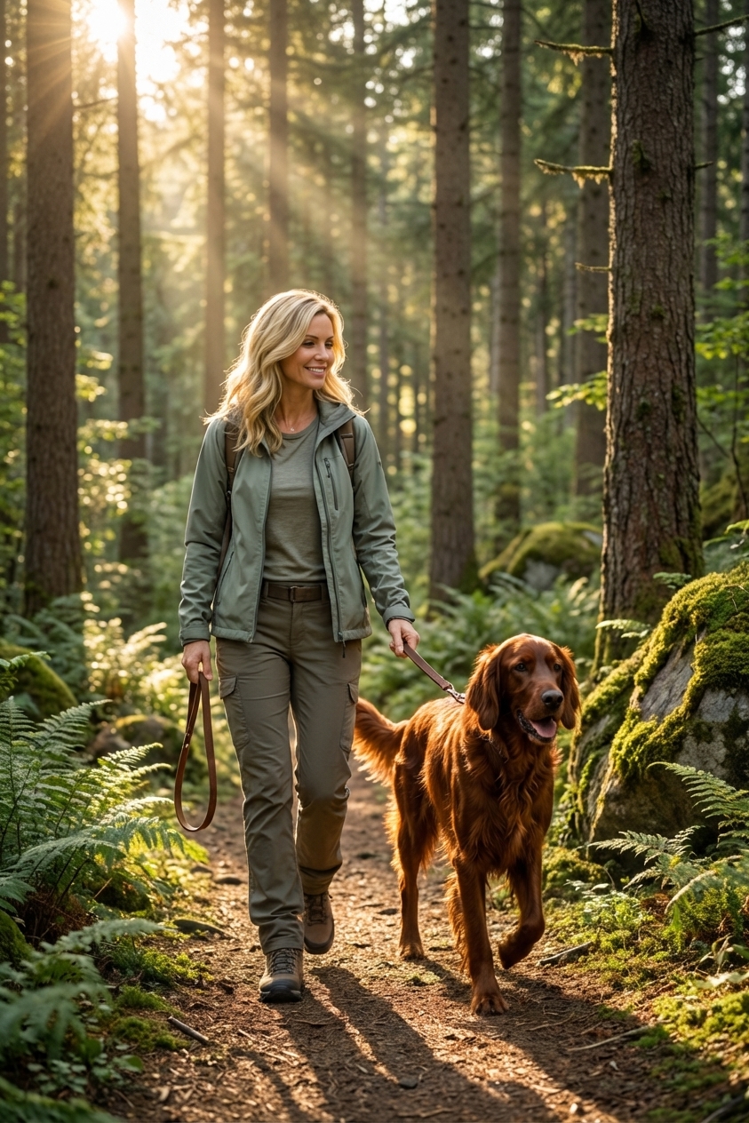 An Irish Setter walking on a forest hiking trail beside an owner holding a leash, morning light filtering through trees, realistic photography