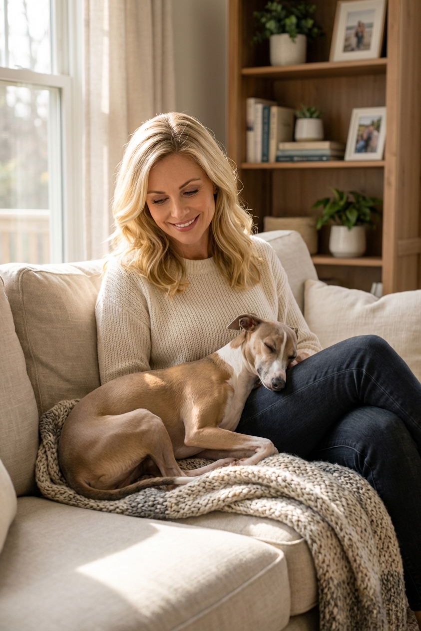 An Italian Greyhound curled up against an adult owner on a couch with a throw blanket, calm cozy home setting, realistic photo
