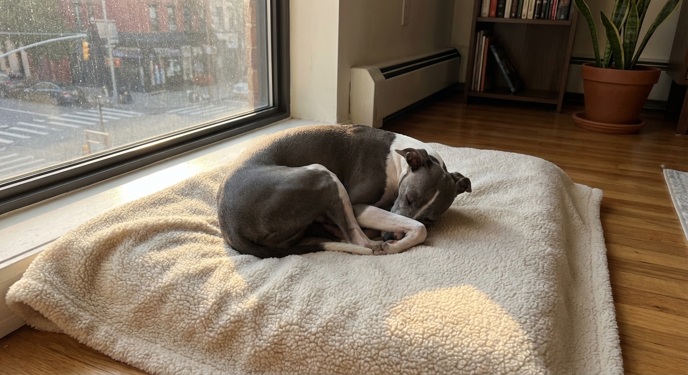 An Italian Greyhound curled up on a soft blanket near a sunny window inside an apartment, photorealistic indoor dog photography