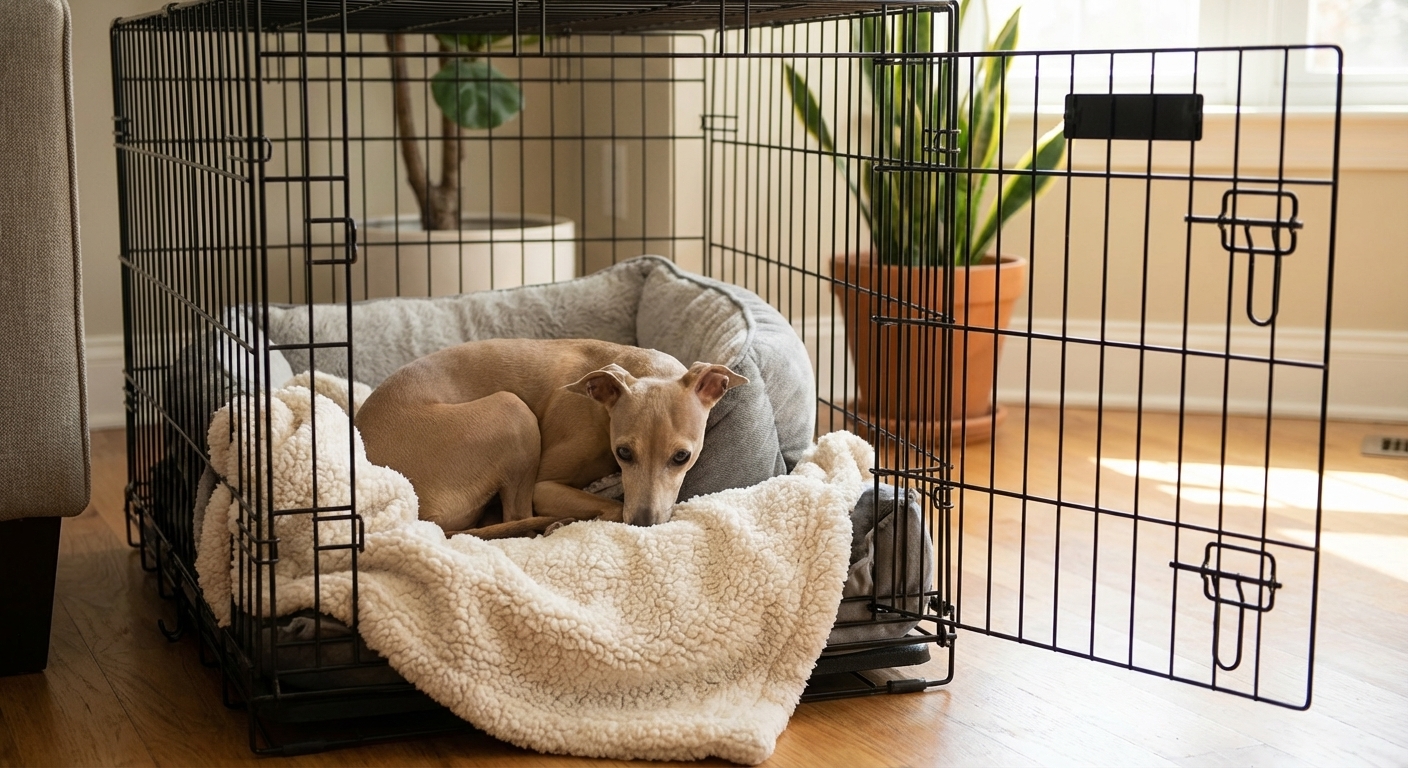 An Italian Greyhound resting calmly inside an open crate with a plush blanket and a soft bed, quiet indoor home setting, realistic photo