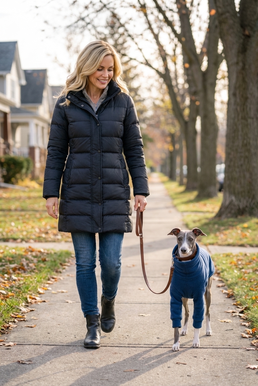 An Italian Greyhound wearing a fitted winter coat on a leash during a cool-weather walk on a neighborhood sidewalk, natural light photo