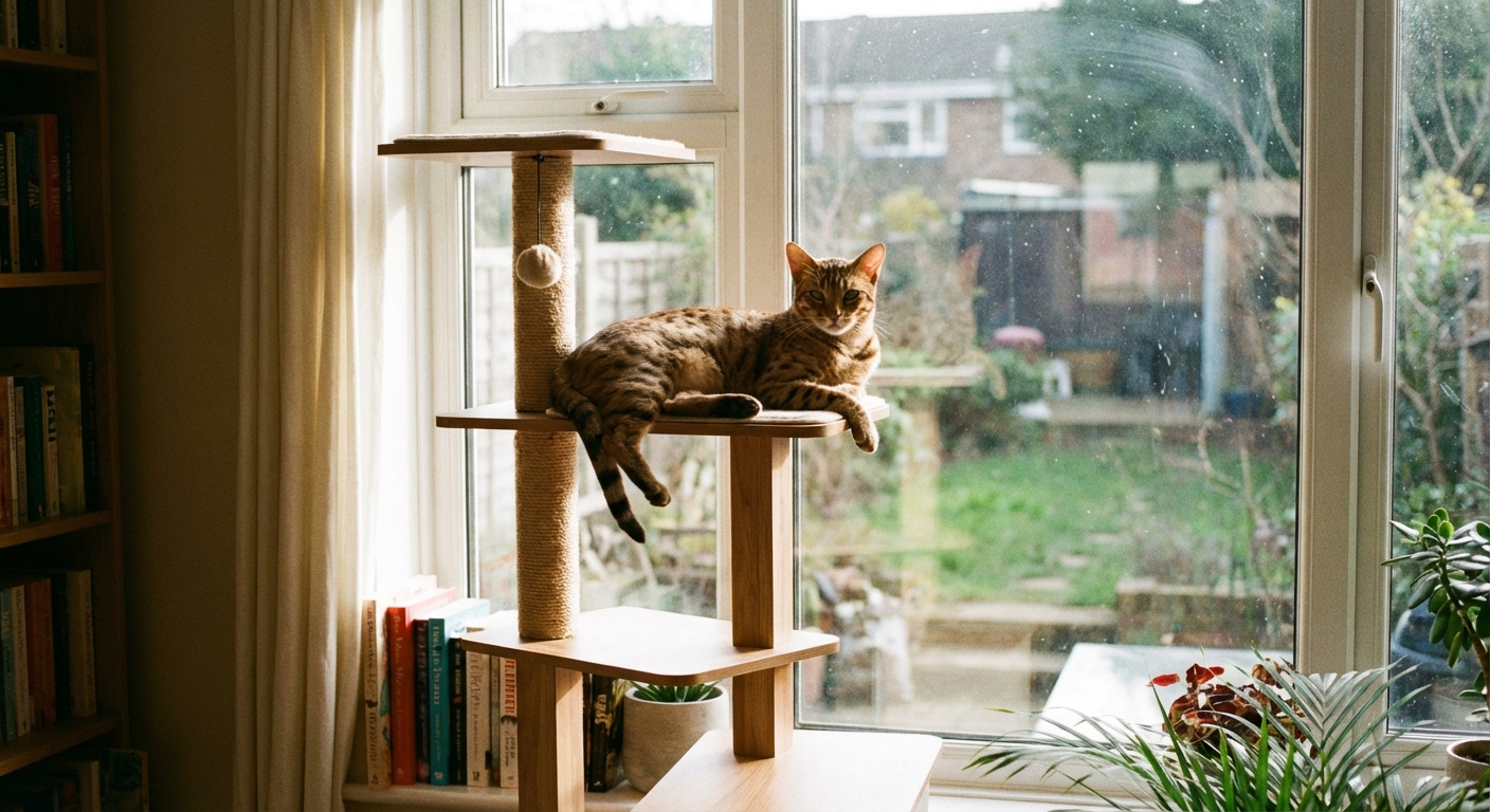 An Ocicat lounging on a tall cat tree near a bright window
