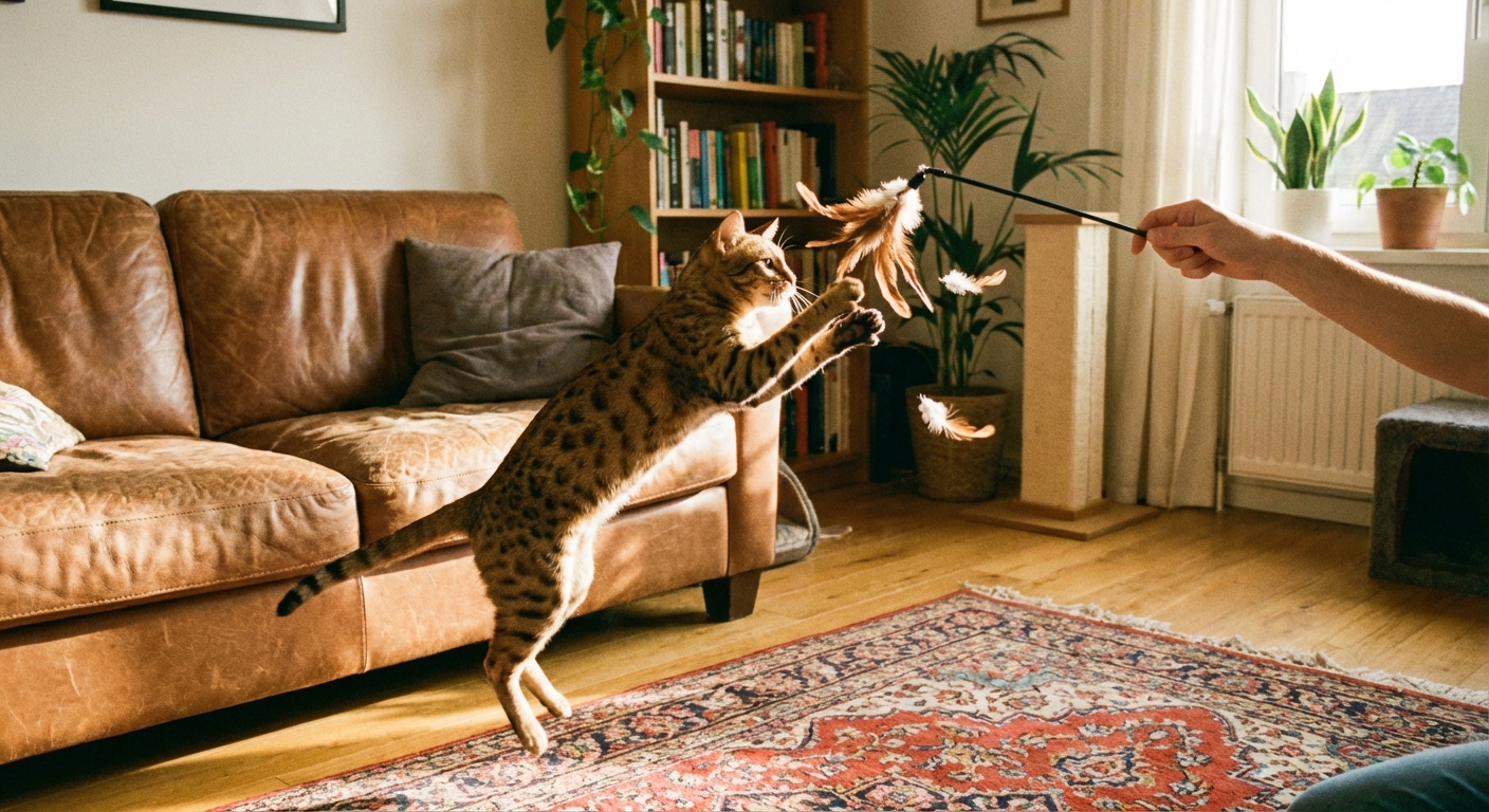 An Ocicat playing with a feather wand toy in a living room