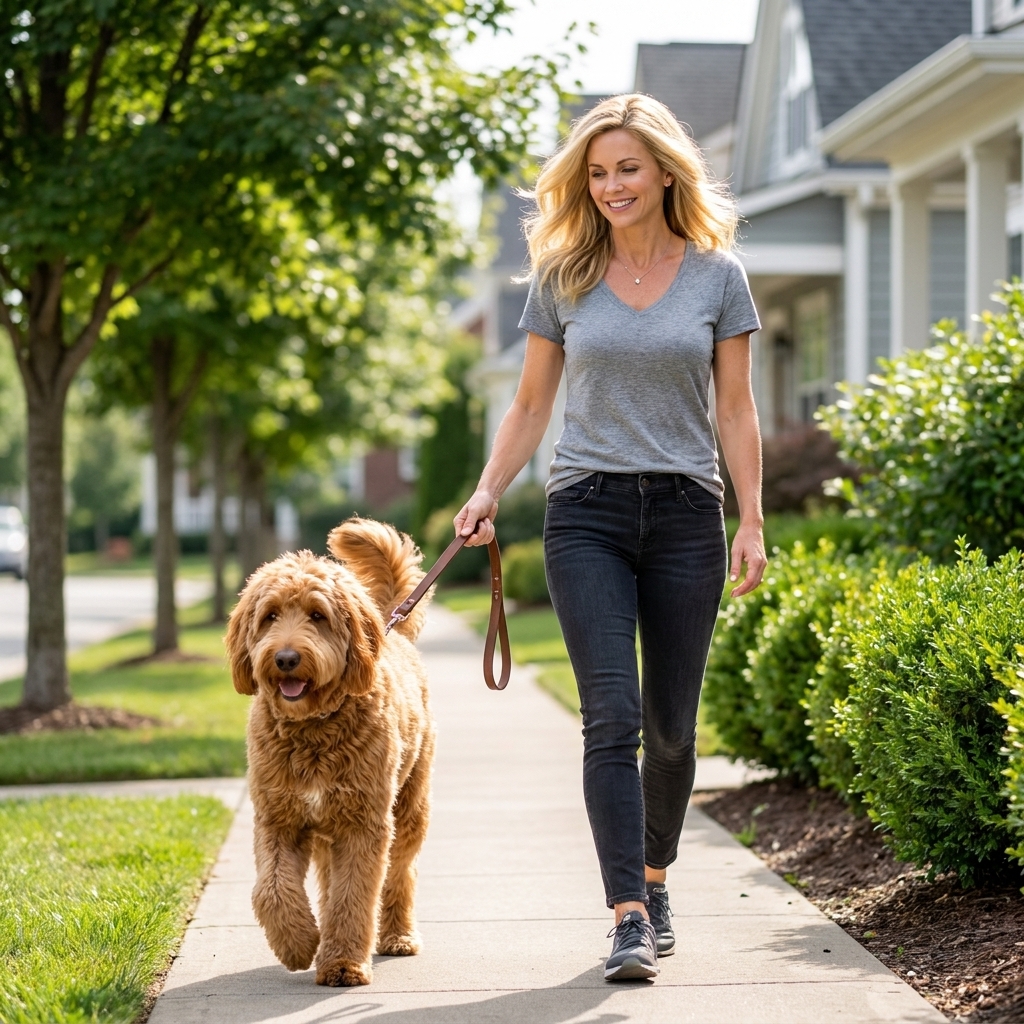 An adult Australian Labradoodle on a leash during a neighborhood walk with a handler, soft wavy coat visible in daylight, real photography style