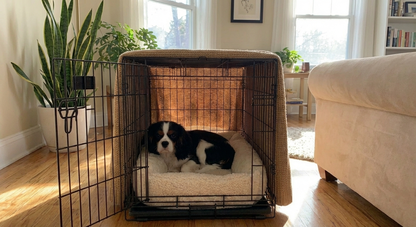 An adult Cavalier King Charles Spaniel resting calmly inside a crate with the door open during the daytime