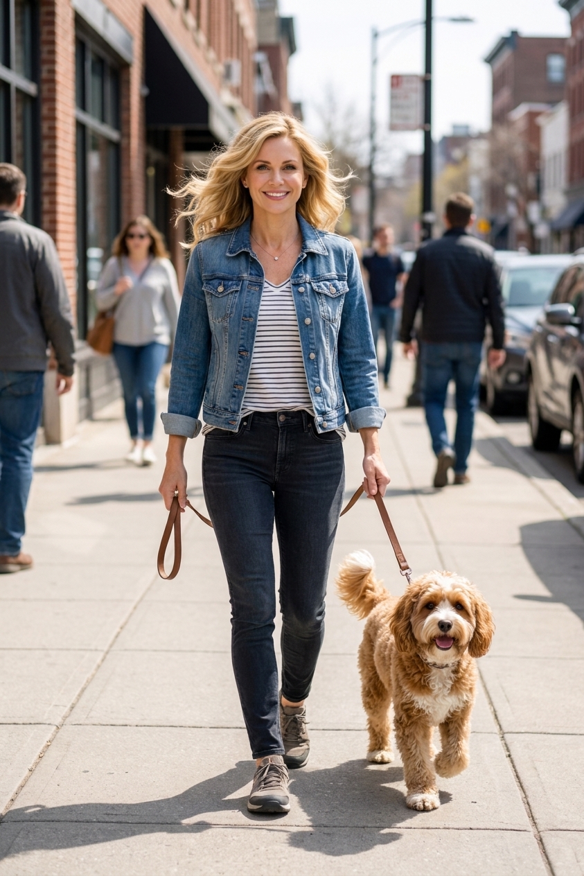 An adult Cavapoo on a leash walking on a sunny city sidewalk with an owner, realistic street photography