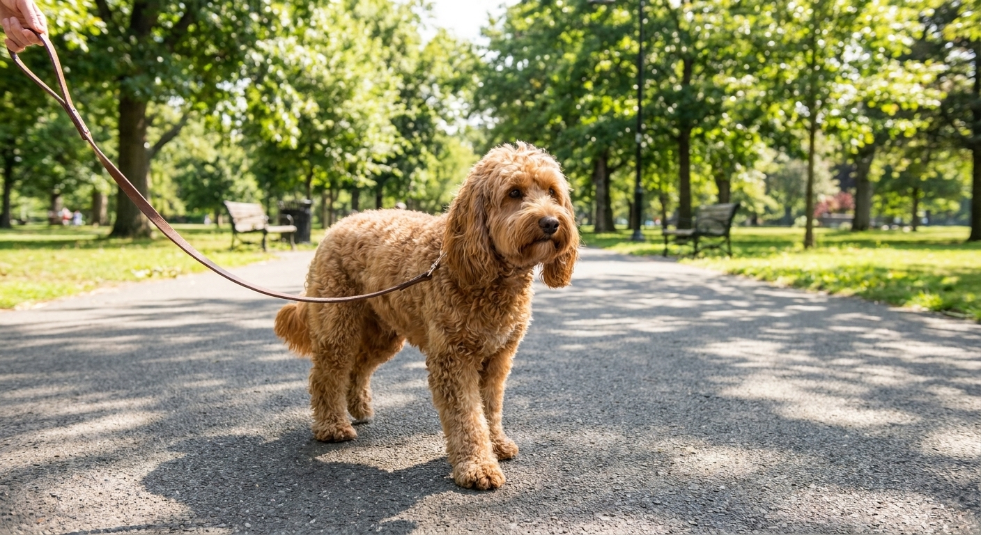 An adult Cockapoo on a leash walking calmly on a paved path in a city park with trees in the background, real photograph