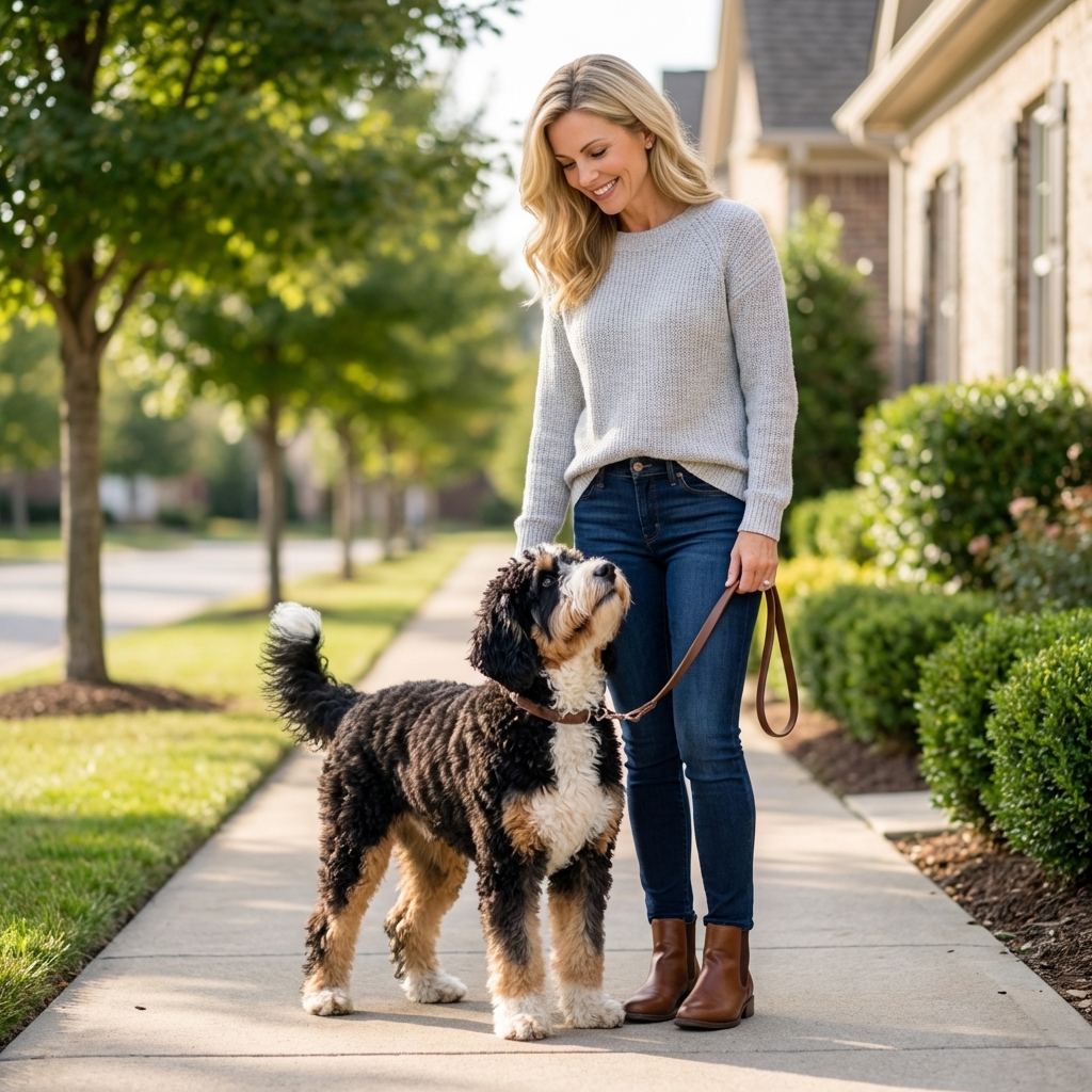 An adult Mini Bernedoodle standing on a sidewalk next to a person’s legs for scale, natural daylight, photorealistic