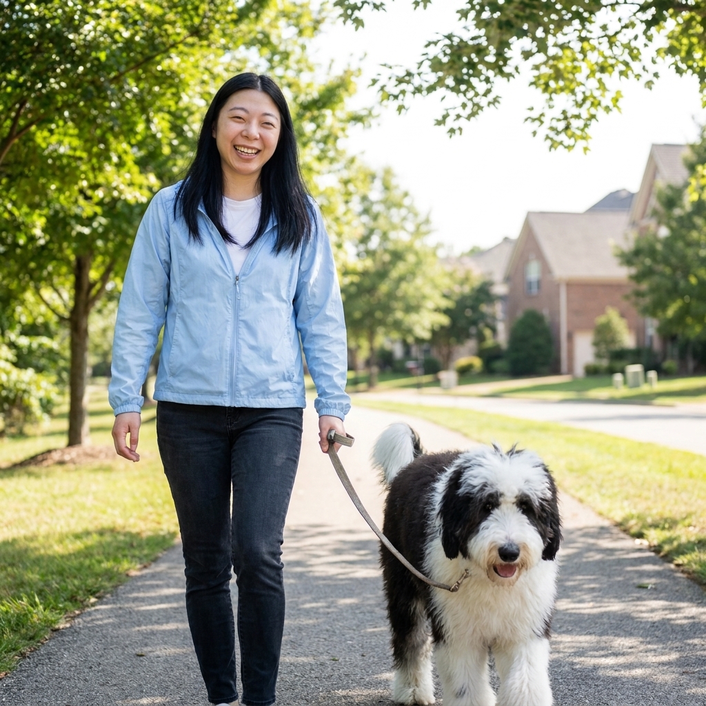 An adult Sheepadoodle walking on a leash beside its owner on a suburban walking trail in daylight, real photo