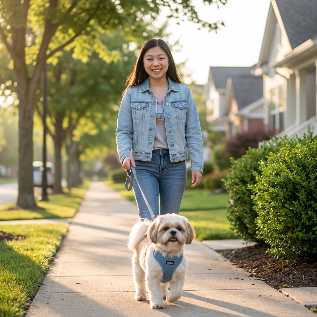 An adult Shih Tzu wearing a comfortable harness on a shaded neighborhood sidewalk during early morning light, realistic outdoor pet photography
