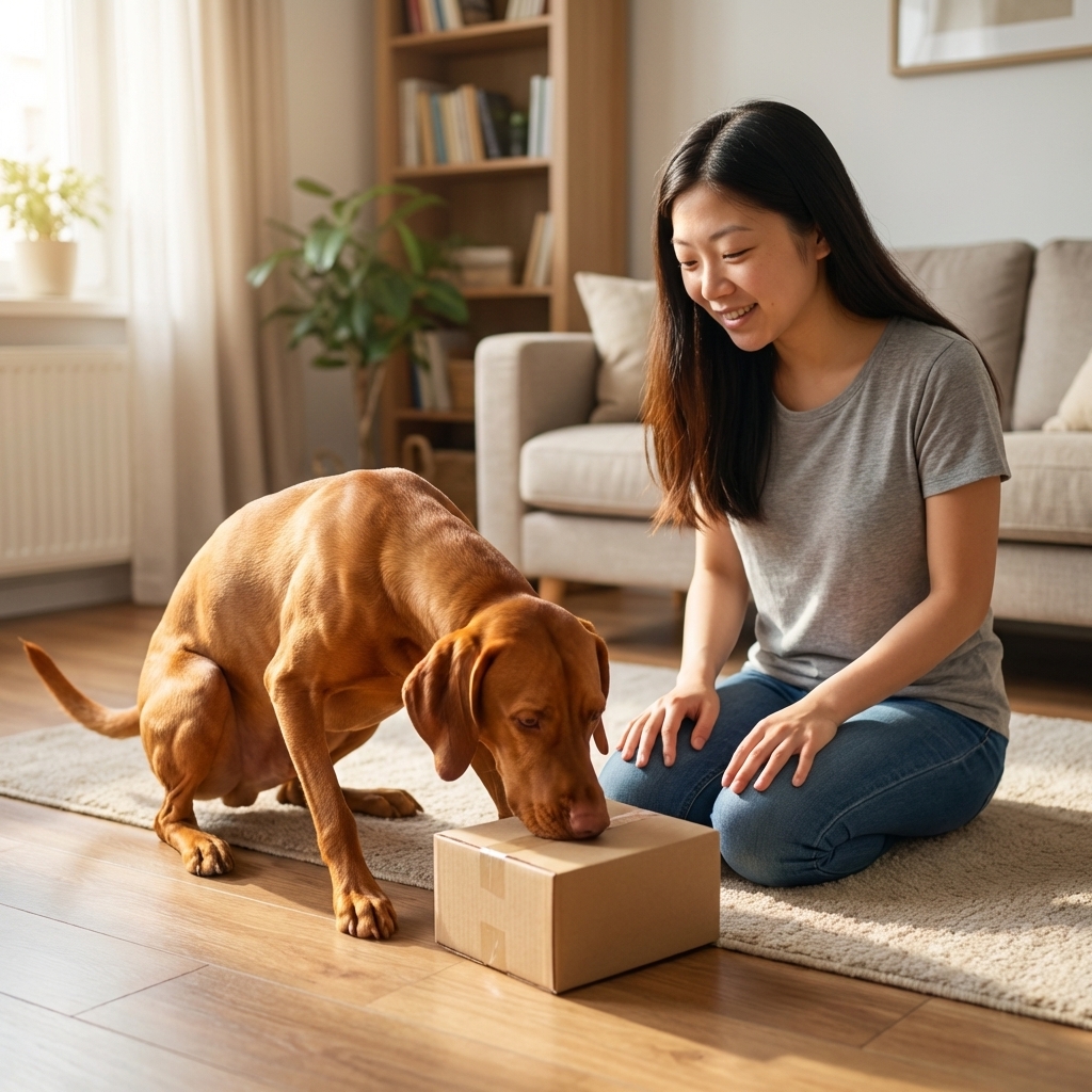 An adult Vizsla sniffing a small cardboard scent box on a living room floor while a handler watches quietly, indoor nose work practice