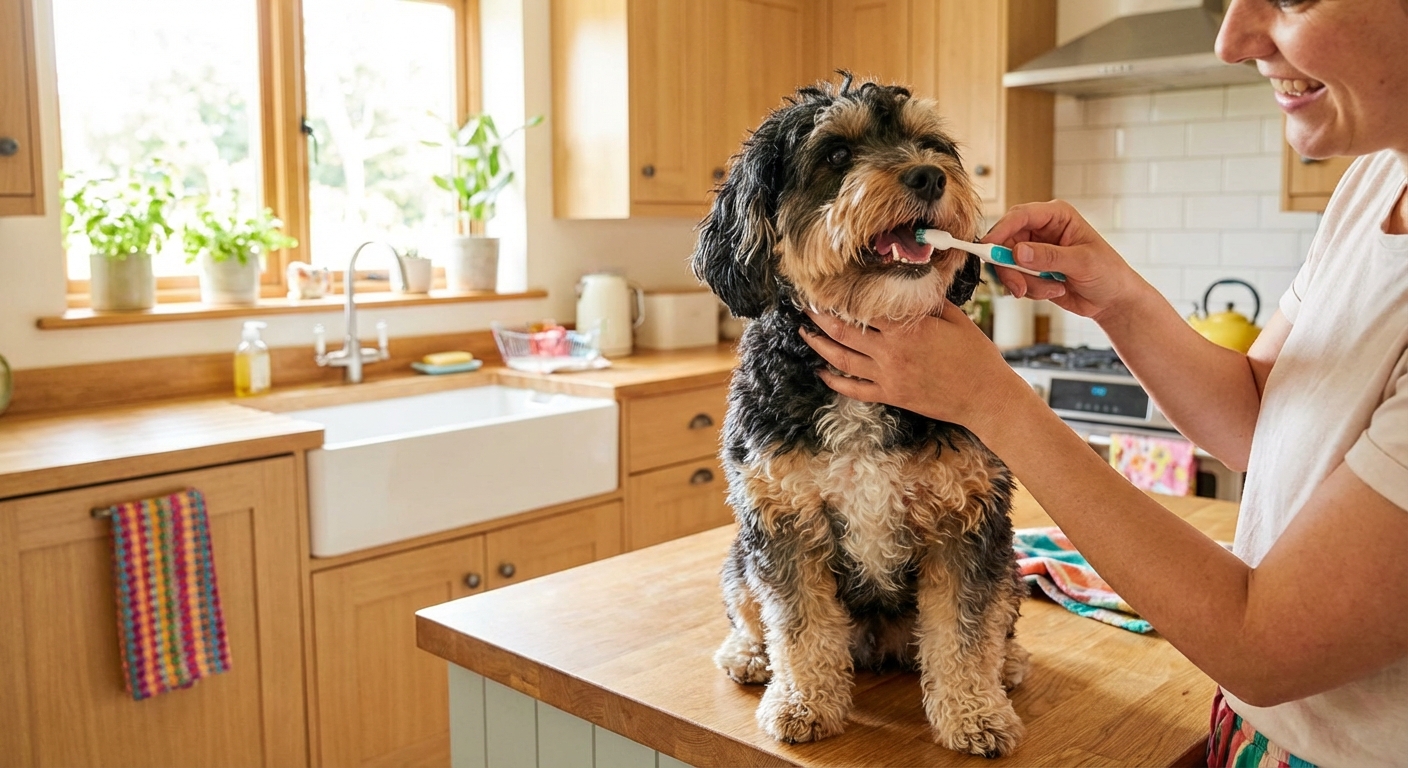 An adult Yorkipoo having its teeth gently brushed by a person in a bright kitchen