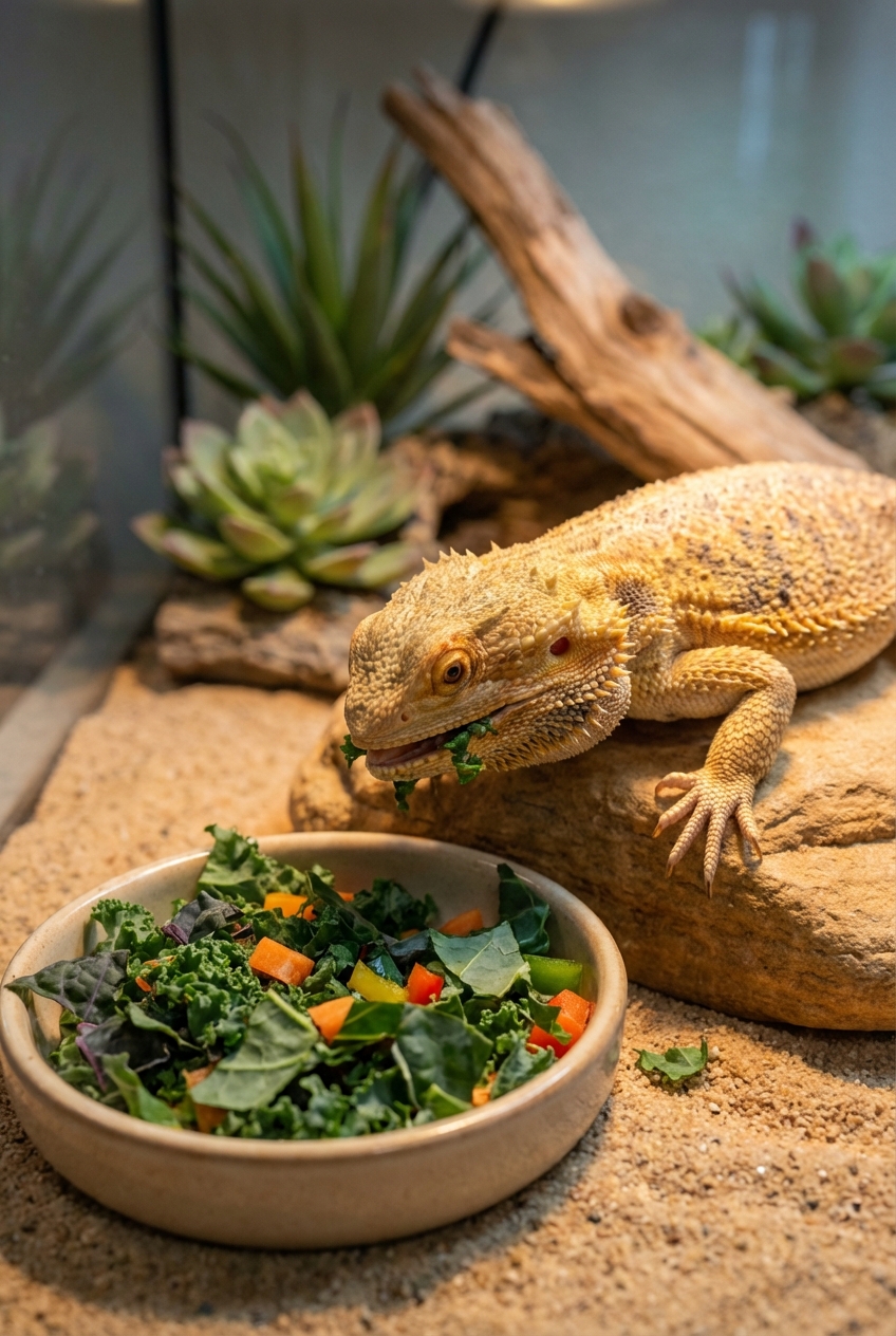 An adult bearded dragon eating a bowl of chopped leafy greens in a terrarium
