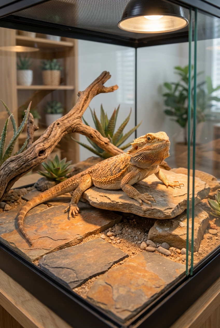 An adult bearded dragon in a large terrarium with tile flooring and a basking platform