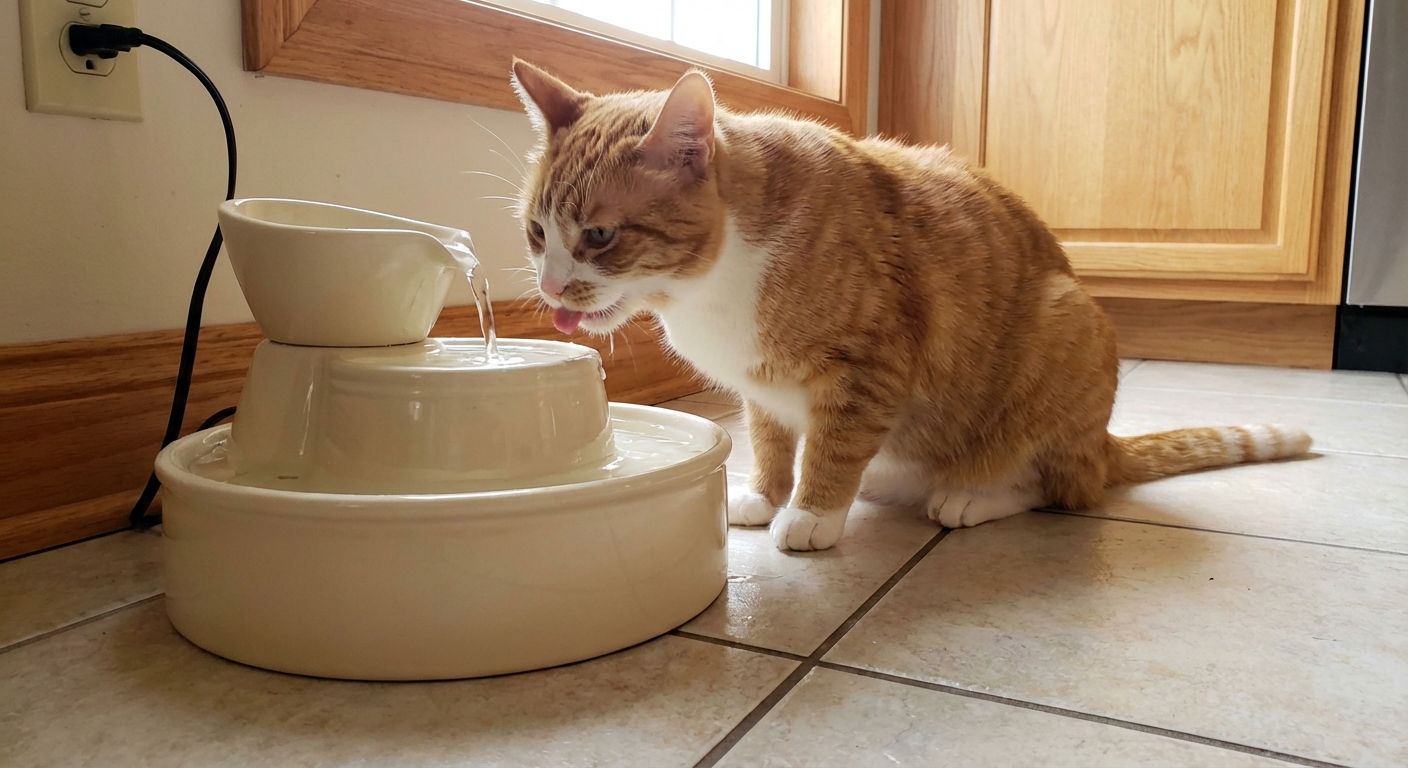 An adult cat drinking from a ceramic water fountain on a kitchen floor