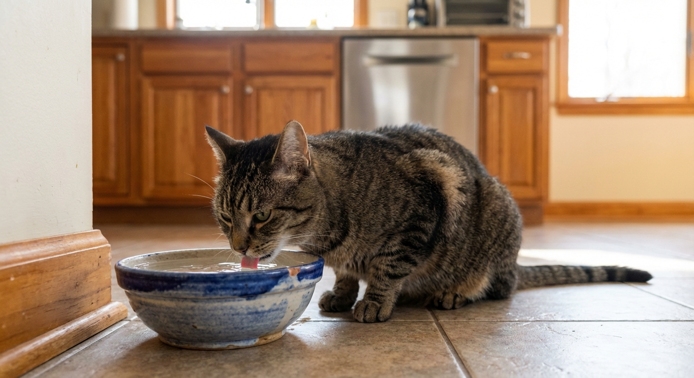 An adult cat drinking water from a ceramic bowl in a kitchen