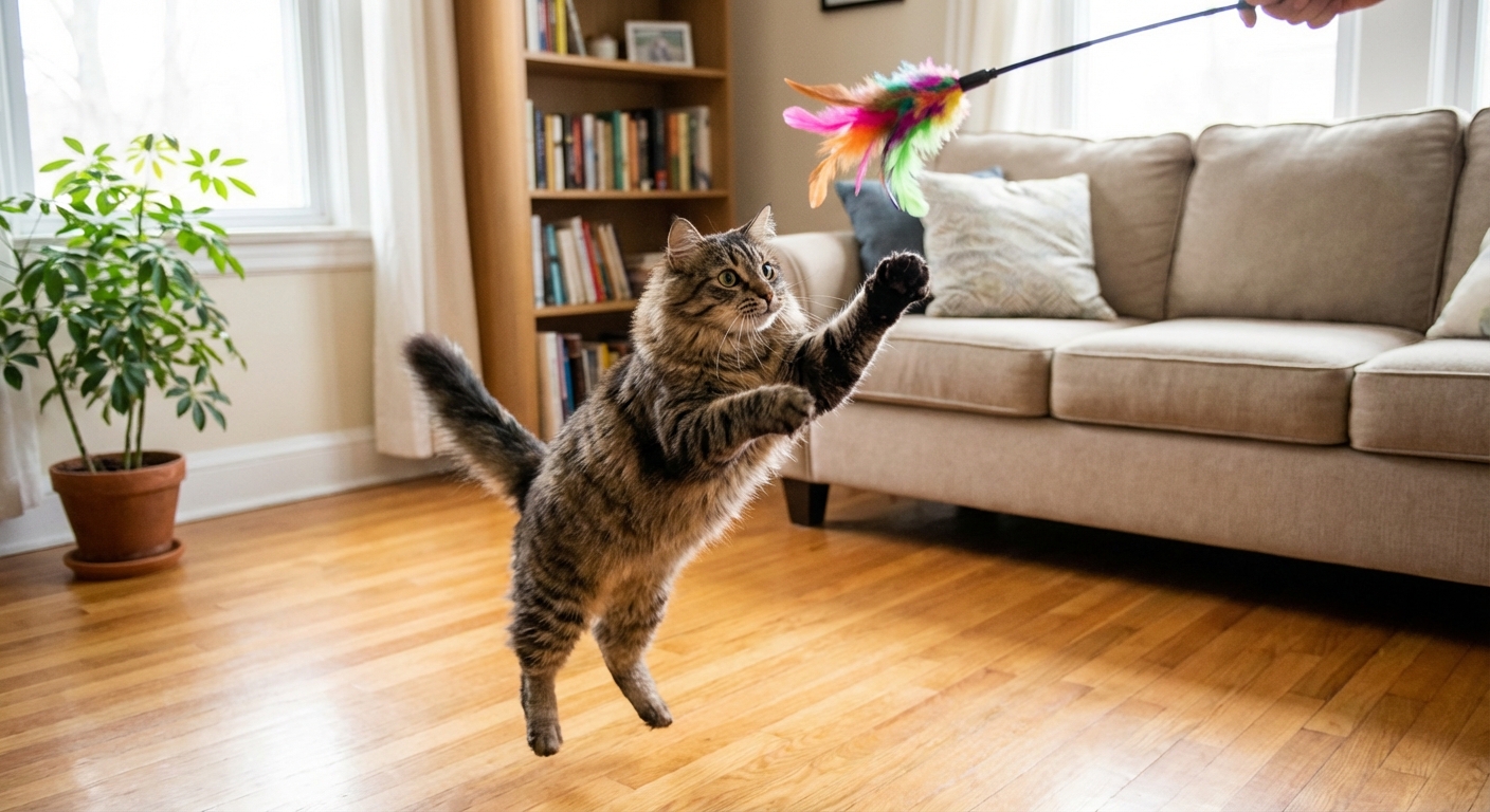 An adult cat playing with a feather wand toy in a living room
