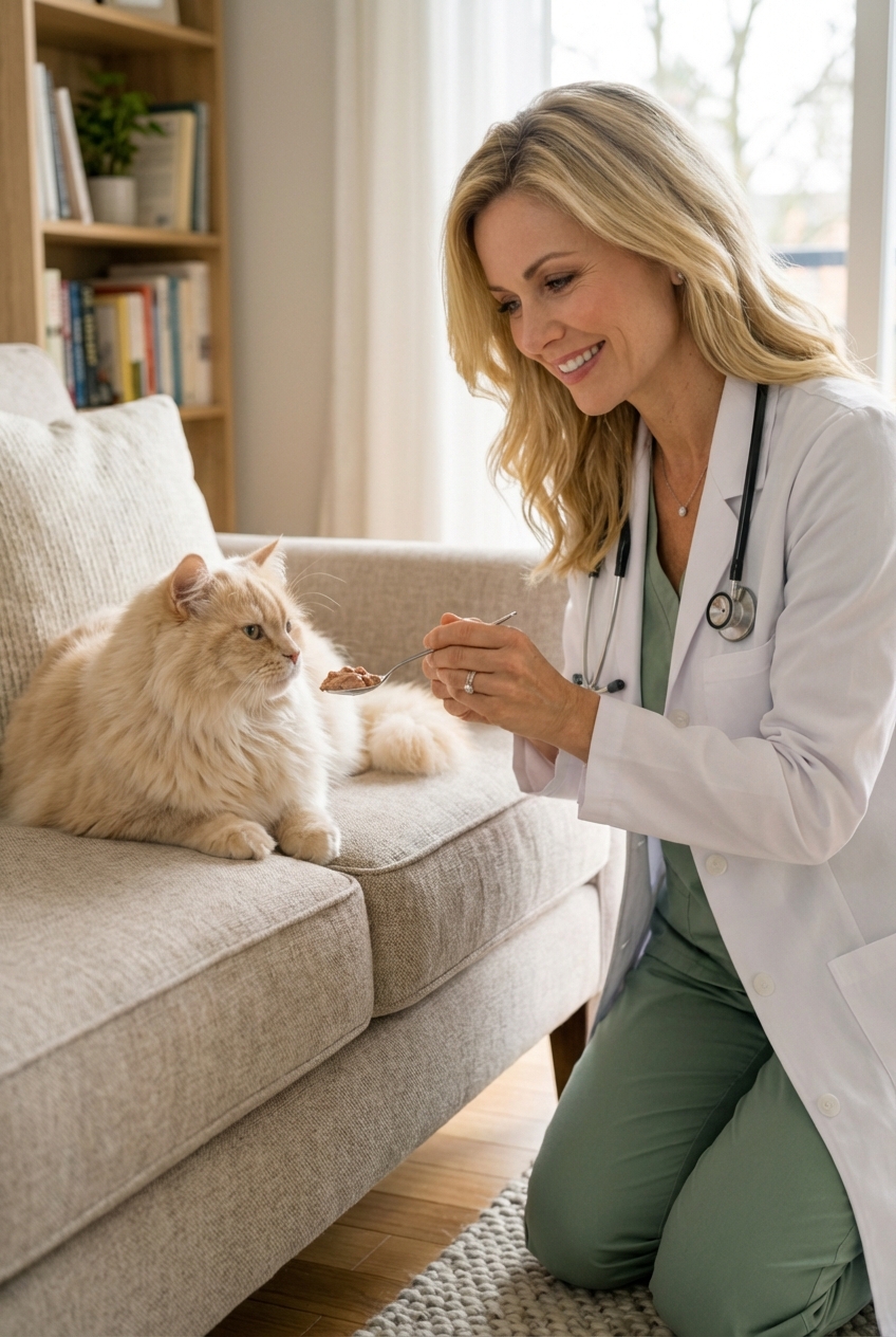 An adult cat relaxing on a sofa while a person offers a small spoon of wet food