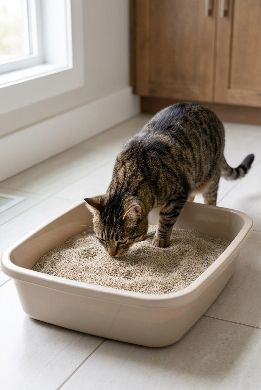 An adult cat sniffing a large shallow litter box filled with fine unscented litter