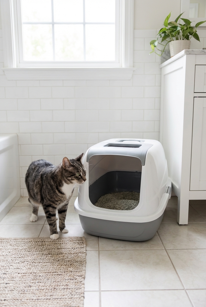 An adult cat standing beside a clean litter box in a bright bathroom