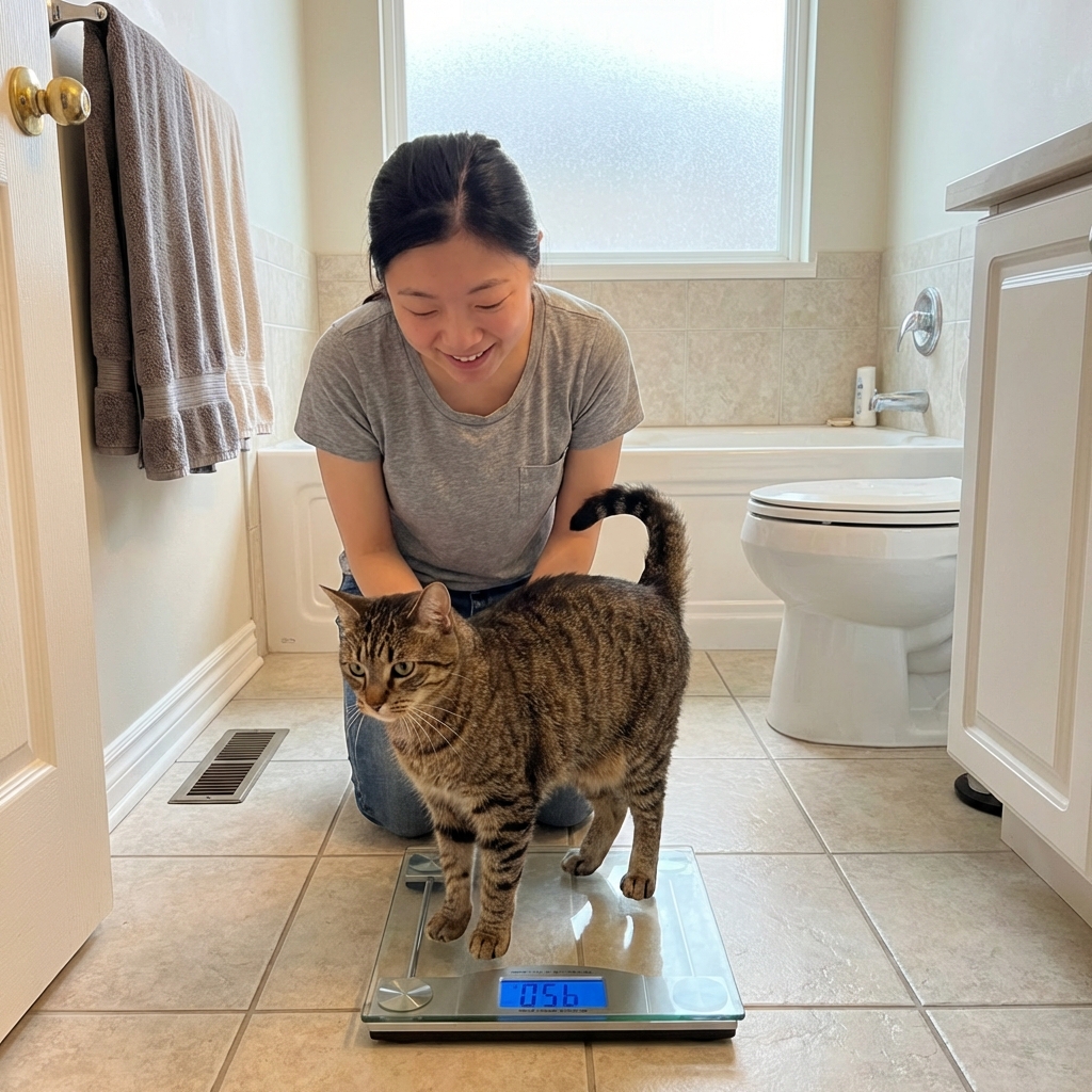 An adult cat standing on a household scale in a bathroom with a person kneeling nearby
