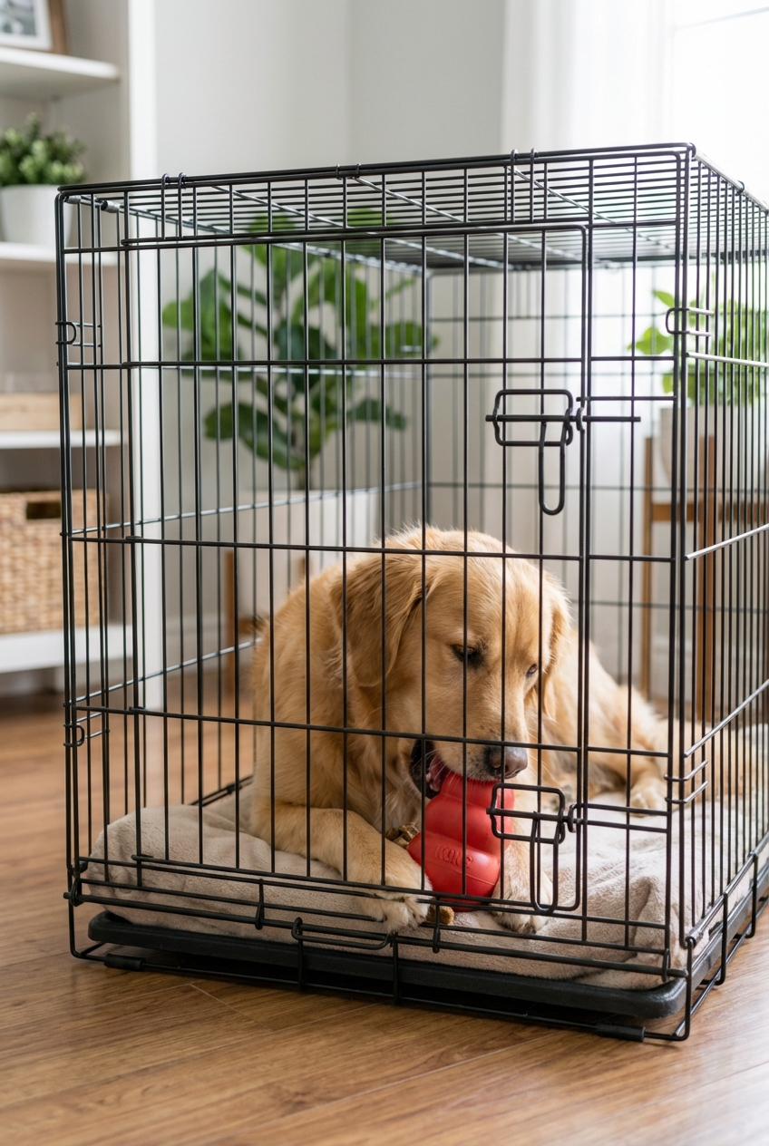 An adult dog calmly chewing a stuffed food toy while resting inside a crate with the door closed