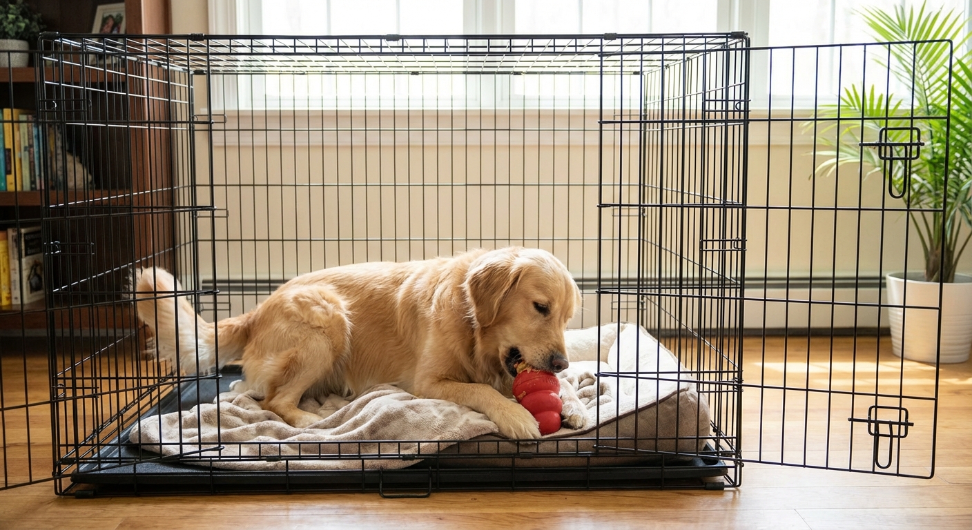 An adult dog eating a stuffed rubber toy while lying inside an open crate