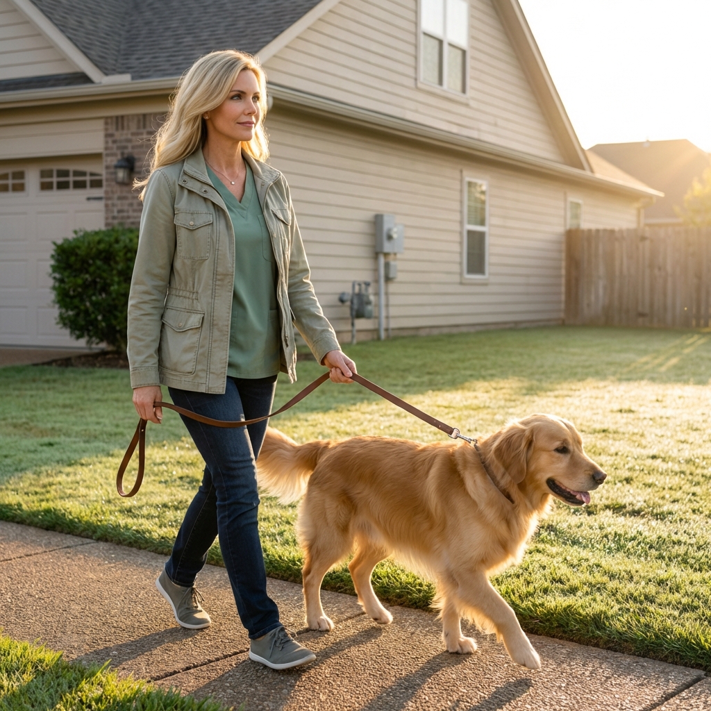 An adult dog on a leash walking toward a grassy area beside a home in early morning light