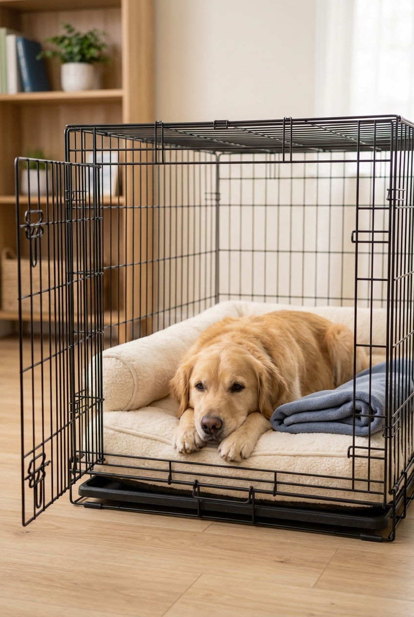 An adult dog resting calmly in an open crate with a comfortable bed inside