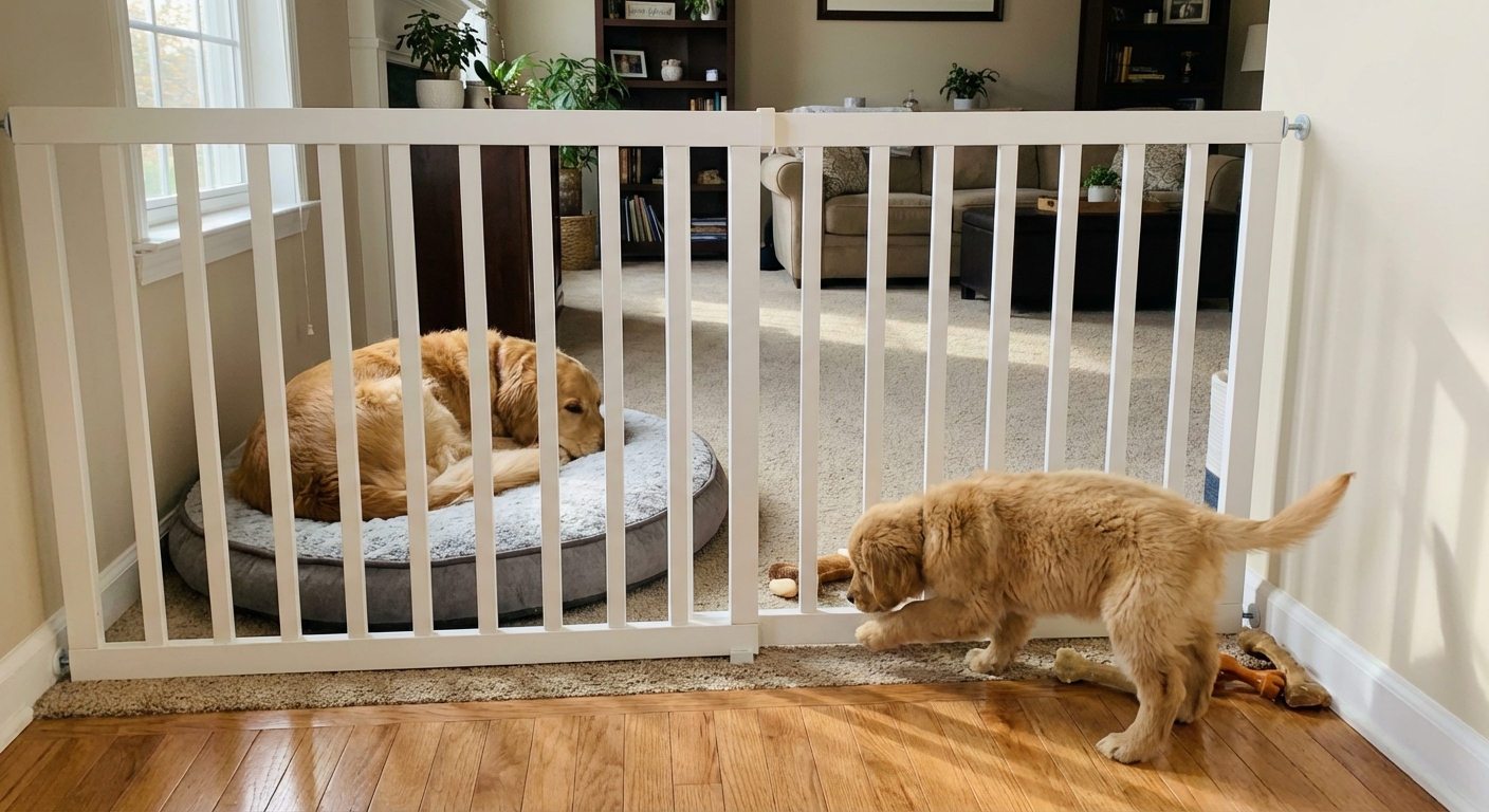 An adult dog resting on a bed behind a baby gate while a puppy explores on the other side
